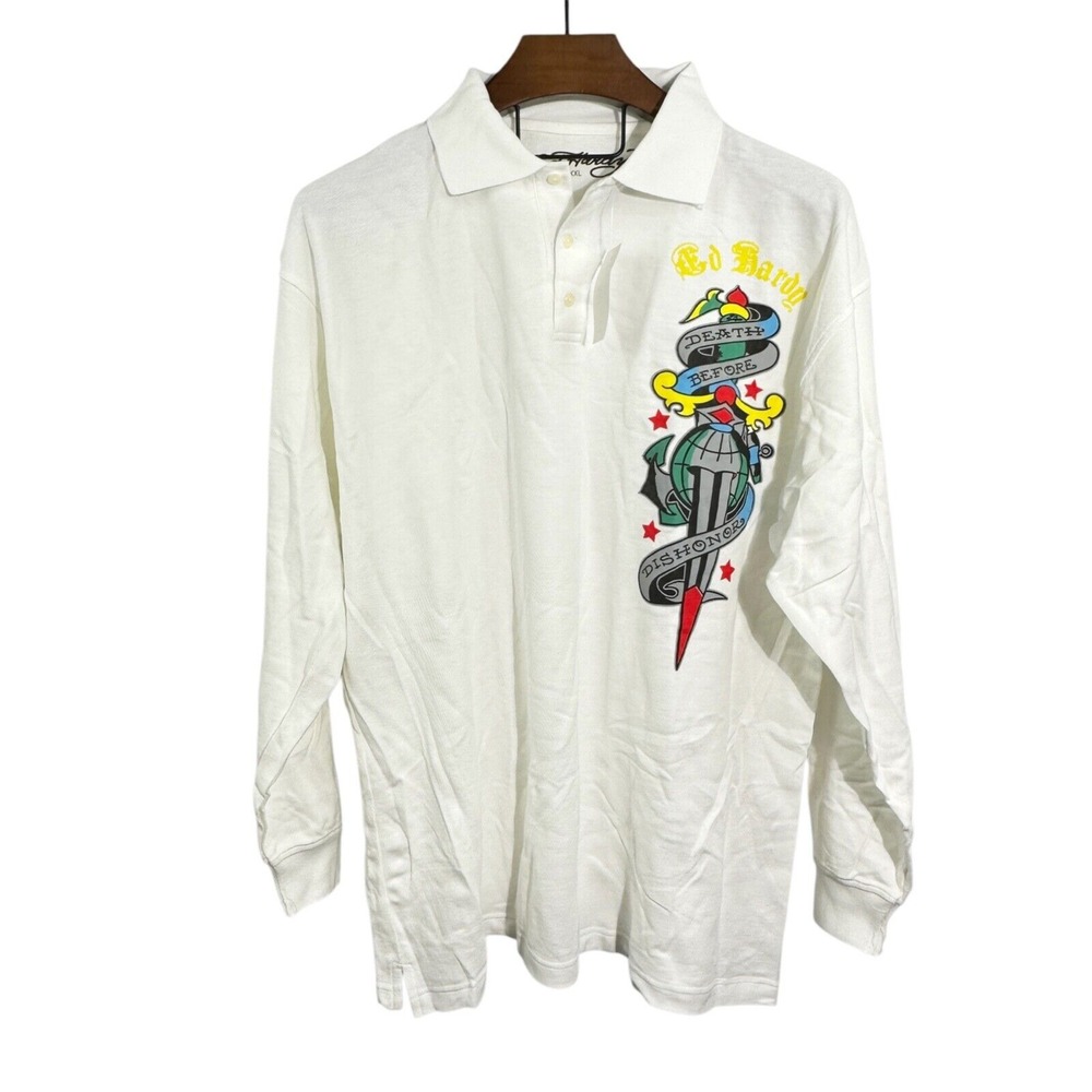 ED‎ HARDY White Long Sleeve Polo Shirt NWT $92 Size 2XL